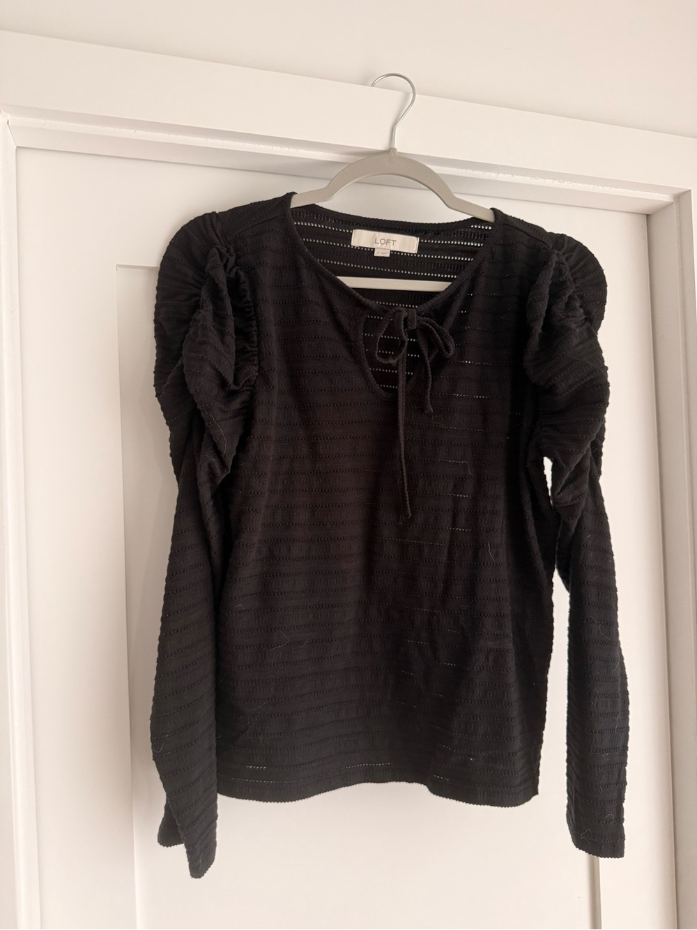 LOFT Black Puff-Sleeve Tie-Neck Knit Top